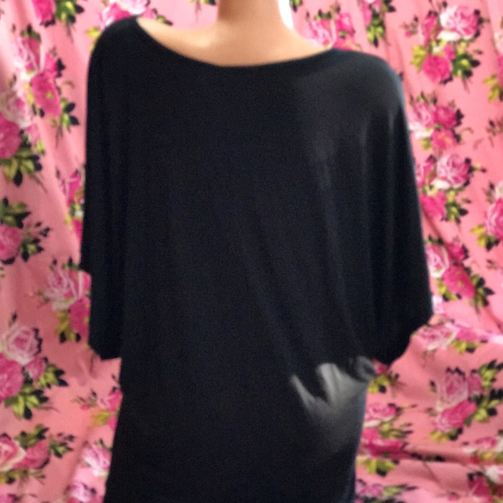black beaded applique “Beloved” rose print tunic top L - Picture 5 of 7
